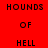 Red background with black text "HOUNDS OF HELL" repeated in four quadrants, one quadrant showing a bright white glow effect.