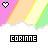Pixelated icon with diagonal pastel stripes and heart symbols above text reading 'CORINNE' in varying color schemes.