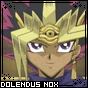 Pixelated anime character with blonde hair and golden headpiece, wearing purple garment, displayed in with text overlay