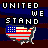 Pixelated graphic showing 'UNITED WE STAND' text above a U.S. map with American flag colors, displayed in three color variations.