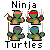 Pixel art image of four green turtle characters with colored headbands, holding weapons, under 'Ninja' text above and 'Turtles' below on gray background.