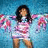 Pixelated image of a person with long dark hair wearing a white and pink outfit against a blue background.