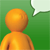 Pixelated orange figure with rounded head and torso against green background, white speech bubble on right side.