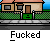 Animated contact sheet of 18 pixel-art frames showing police cars and red vehicles in a suburban setting with repeated text "Fucked" below each frame.