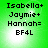 Green background with pixelated text reading Isabella+, Jaymie+, Hannah=, BF4L in black font across four