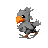 Pixelated bird with gray body, orange beak, and brown feet in four sequential poses showing wing and foot movement.