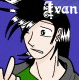 Animated cartoon character with black hair and green shirt, making a hand gesture against blue background.