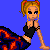 Pixel art contact sheet showing two frames of a female character with blonde pigtails and red hair ties, wearing a black crop top and blue-and-red patterned pants against a solid blue background.