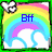 Pixelated rainbow background with white clouds and a small butterfly icon in the top-left corner, overlaid with blue text reading "Bff".