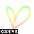 Three variations of a rainbow-colored heart outline animation with 'KARLYN' text below each frame on white background.