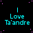 identical cyan text elements reading "Love Ta'andre" with a vertical cyan line above each, set against a black background with scattered pink dots