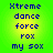 Pixelated blue text on green-yellow gradient background reads 'Xtreme dance force rox my sox' in two identical vertical