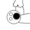 A cartoon hand holds a circular object with three small circles and one large black circle, while the large circle's shape changes from solid to curved as pink accents appear.
