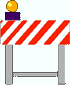 Two red-and-white striped barriers with gray supports and yellow spheres on purple bases, one barrier positioned above the other.