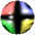 A circular icon with a glossy surface displays shifting patterns of red, green, yellow, blue, and black sections