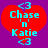 Two identical red heart-shaped icons with cyan text 'Chase n' Katie' and '<3' symbols on a purple background, each icon displaying slight pixel variation.