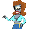Pixelated cartoon character with gray skin, brown hair, and blue top, making a hand gesture with one hand on hip.