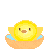 Pixelated yellow chick in an orange nest with blue water, showing two expressions: neutral and smiling.