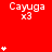 Red background with repeated white 'Cayuga x3' text and varying star clusters; gray rectangle in bottom-right corner.