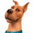 Pixelated cartoon dog head with brown fur, black nose, and blue collar against white background.
