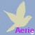 A light yellow bird in flight against a light blue background with scattered small dots, below which is purple text reading 'Aerie'.