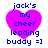 Four identical pixelated images of a pink heart with blue text reading "jack's my cheer leading buddy =]" arranged in a on white background