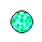 Pixelated circular icon with light blue and green patterned surface, black border, solid gray background.