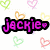 Pixelated text 'Jackie' in magenta with black outline over white background filled with pastel heart outlines.
