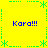 Yellow background with green dotted border and star-like symbols, four instances of blue text "Kara!!!" at corners.