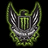 Green and silver pixelated icon with stylized ears, a central grid pattern, and curved metallic accents on black background.