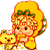 Pixelated cartoon character with yellow hair and green bow holding a small bear-like figure, static single-frame image on white background.