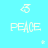 Pixelated peace symbol above 'PEACE' text on cyan background with small star, transitioning to purple and blue backgrounds.