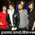 Four individuals stand in a group on the left, with one person holding a trophy; text overlays read 'panic and.love' across multiple sections.