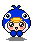 Four pixel-art frames of a blue bird-like mascot with yellow beak, white eyes, and pink cheeks in various poses on gray background.