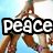 A hand forms a peace sign against a light blue background, with the word 'peace' in bold white text on black blocks.