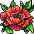 Pixelated flower with pink, orange, and brown petals surrounded by green leaves on a gray background.
