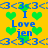 Yellow background with repeating blue text and green heart symbols arranged in a pattern