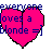A static pixel art icon featuring a bright pink heart split vertically with blue text overlaid reading "everyone loves a blonde =]" on white background.