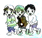 Three cartoon children in green, brown, and white clothing run side-by-side across a white background with light blue speckles.