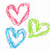 Pixelated heart shapes in various colors, a sun with clouds, and a stick figure with text on a white background.