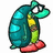 Pixelated character with teal body, yellow chest patch, green limbs, and red shoes in a side profile pose.