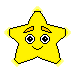 Yellow star-shaped character with black and white eyes, orange eyebrows, and a smiling mouth in pixel art style.