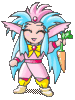 Pixelated character with blue hair, pink accents, and yellow boots holds a green-topped orange carrot against gray background.