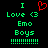 Green pixelated text on black background reads 'I Love <3 Emo Boys' with red heart symbol above 'I' and green exclamation marks below.