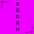 A static image with a bright purple background displays the name 'SARAH' vertically in dark blue pixelated letters, accompanied by small star icons with trailing dots in various positions.