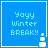 Blue square icon with light blue text 'Yayy Winter BREAK!!' and a white snowman graphic in the bottom-right corner, showing animation changes between frames.
