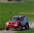 Pixelated image of a red and blue car on a green grassy background with a light-colored ground strip.