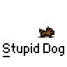 Animated contact sheet showing 19 frames of a pixel art icon featuring brown dogs and yellow stick figures with white heads, each frame labeled "Stupid Dog" in black text on gray background.