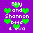 Purple background with green heart shapes and white text reading 'Billy and Shannon bfss 4 eva' in pixelated font.