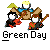 Pixelated green dinosaur-like creature with brown drum set, red guitar, and white-and-black penguin-like figure playing instruments under yellow spotlight.